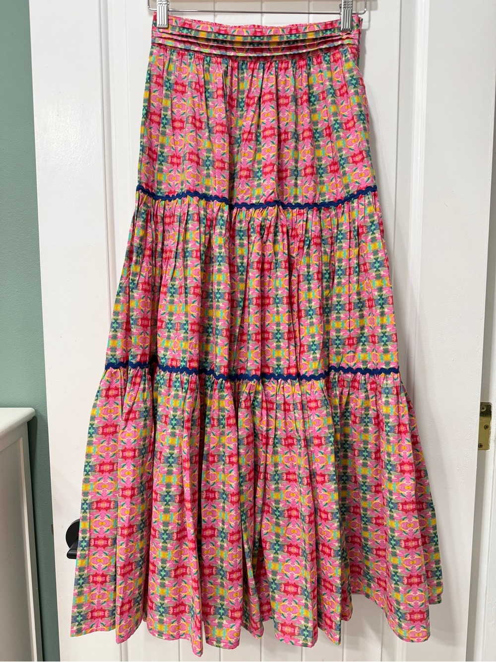 Brooks Ave Pink Floral Tiered Maxi Skirt with Navy Trim